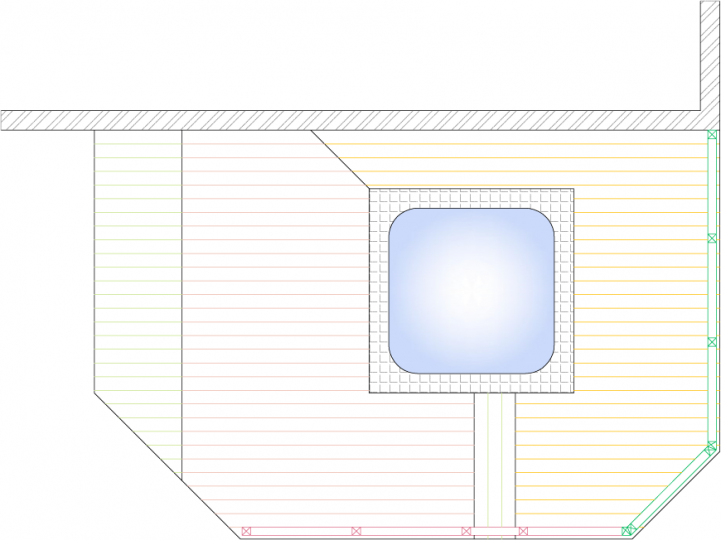 Overhead view of medium size, three level deck with spa and privacy 