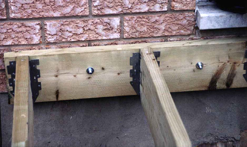 A ledger is used to support a deck attached to a house.