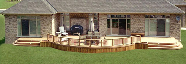 Large single level deck with a curved front edge.