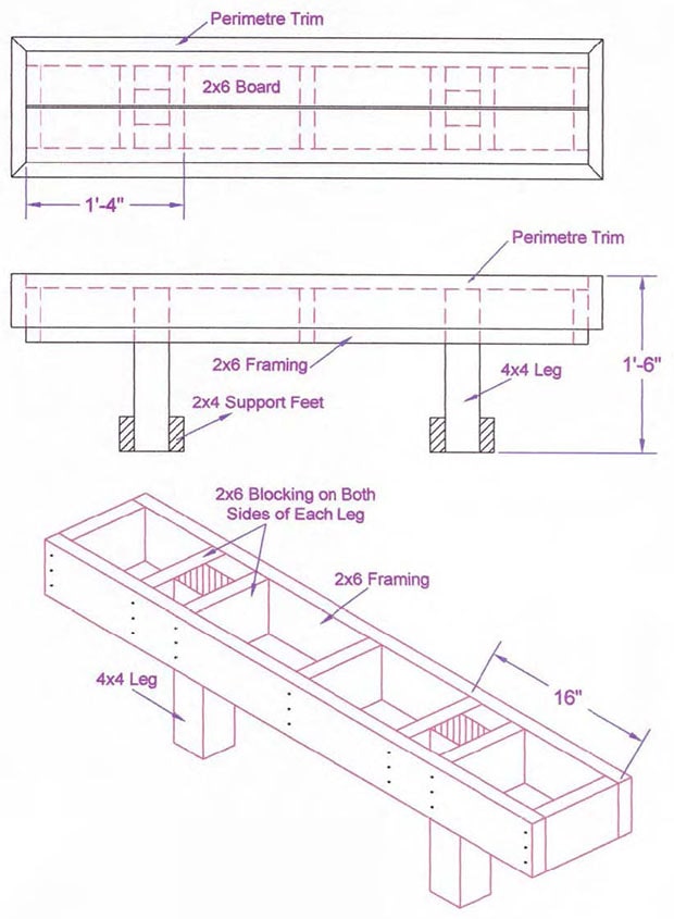 Plan for a standard straight wooden deck bench.