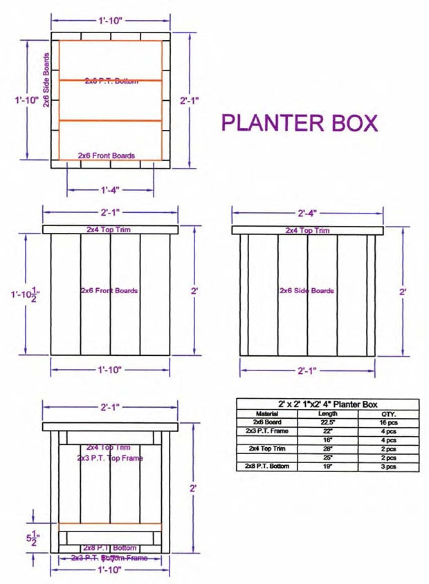 Plan for a square planter box.