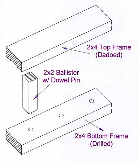 Sketch showing railing and baluster detail.Top and bottom balusters have dado cuts to accommodate square wood balusters.