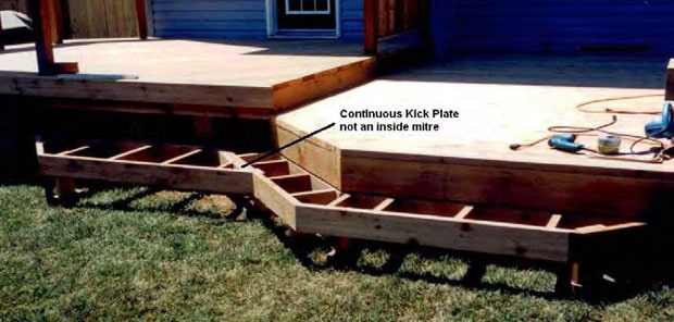 Deck stair framing showing a continuous kick plate, not an inside mitre.