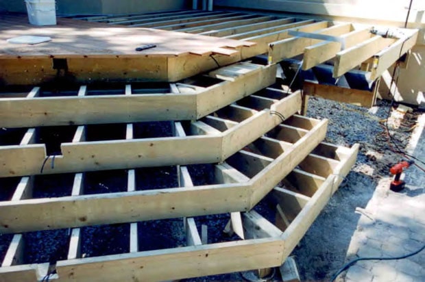 Riser wrap around deck stairs with lighting cut in prior to tread installation.