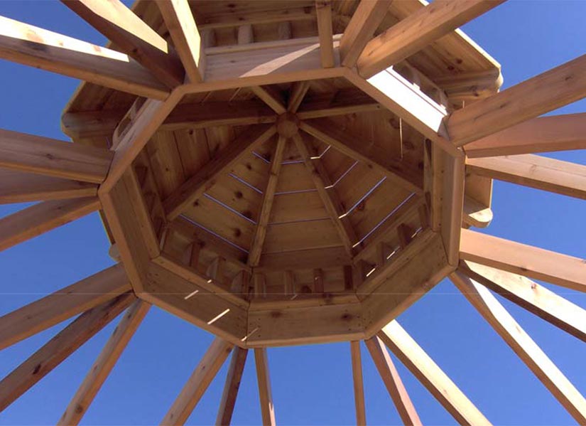 View from below, looking up at second tier gazebo roof in place.