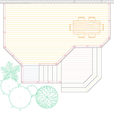 Overhead view of a deck plan for a large backyard deck.