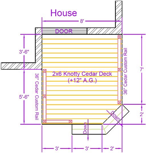 Deck plan layout drawing with dimensions.