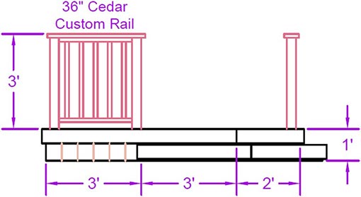 Deck plan front elevation with dimensions.