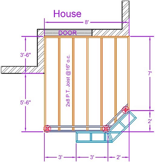 Deck substructure drawing with dimensions and footing placement.