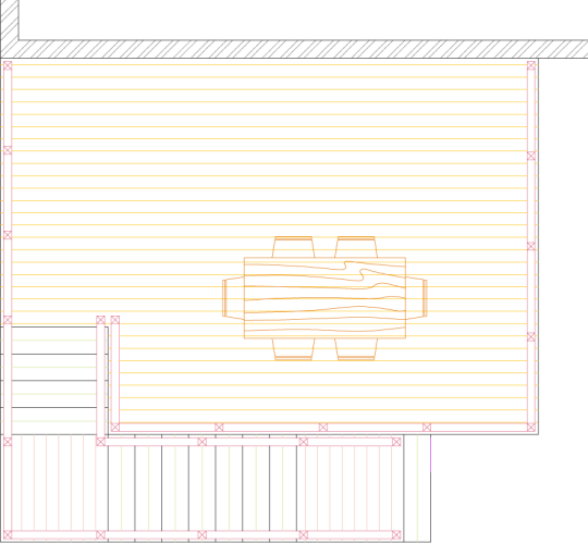 Overhead view of a large high single level deck plan.