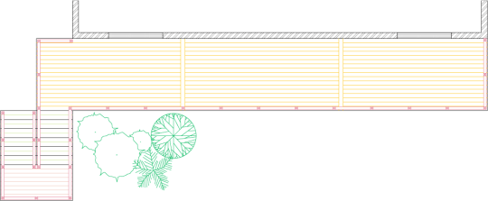 Overhead view of a very wide shallow single level deck plan.