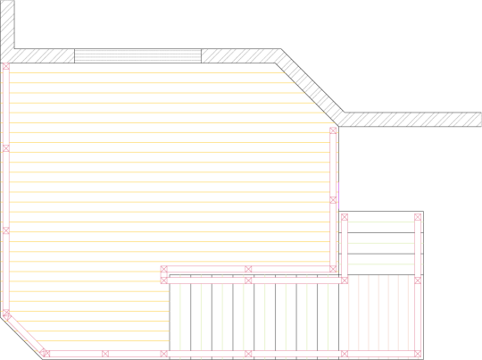 Overhead view of a high medium size single level deck plan.