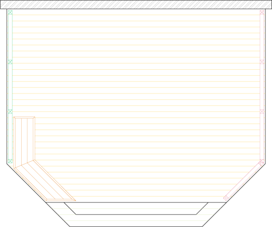 Overhead view of a deck plan for a large low single level deck with a privacy screen and bench.