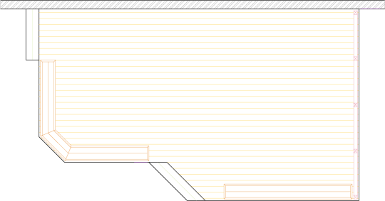 Overhead view of a deck plan for a large low single level deck with benches and a privacy screen.