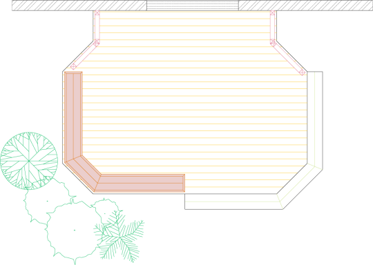 Overhead view of a deck plan for a low single level deck with an integrated wrap-around bench.