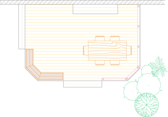 Overhead view of a deck plan for a low single level deck with a bench.