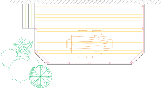 Overhead view of a deck plan for a medium sized single level deck.