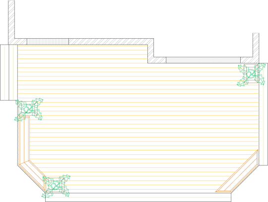 Overhead view of a deck plan for a large deck with 3 planter boxes and a bench.