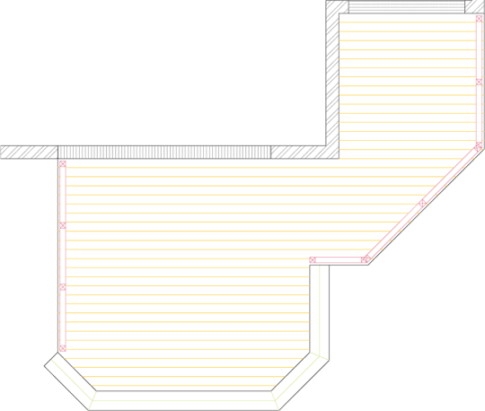 Overhead view of a deck plan for a medium size low single level deck.