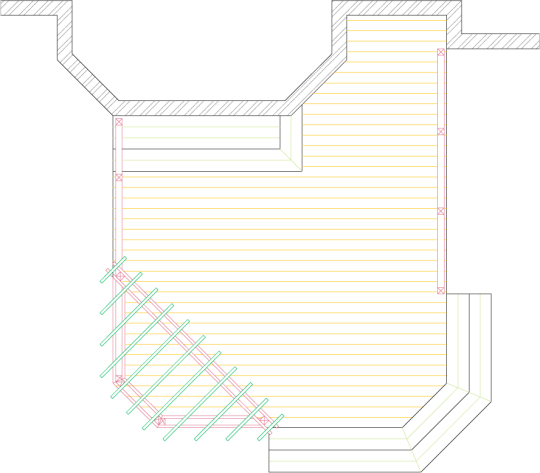 Overhead view of a deck plan for a large single level deck with a pergola.