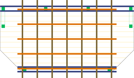 Overhead view of a deck plan for a small single level deck with a privacy screen and a trellis.