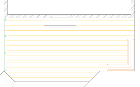 Overhead deck plan drawing for a medium size single level deck with a bench and a privacy screen.