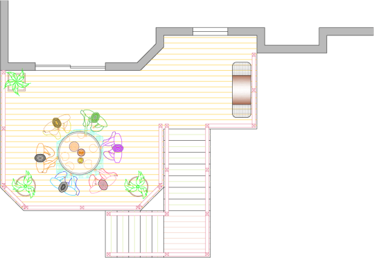 Overhead view of deck plan for a medium size high single level deck.