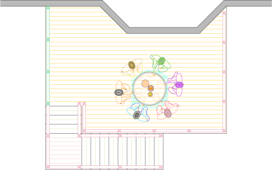 Overhead view of a medium high single level deck plan with a privacy screen.