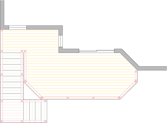 Overhead view of a medium size high single level deck plan with steps leading to the ground.