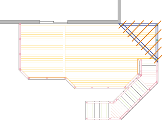 Overhead view of deck plan for a large high single level deck.