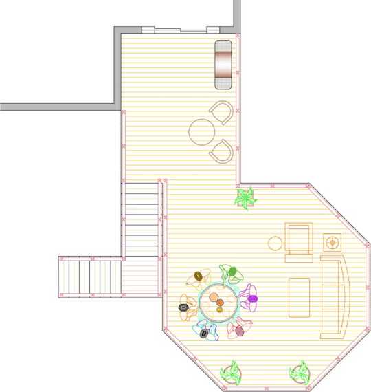 Overhead view of large, high, single level deck plan.