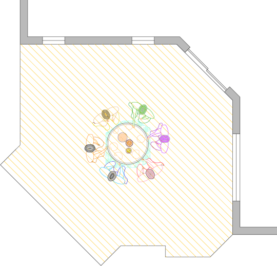 Overhead view of large low single level deck plan.