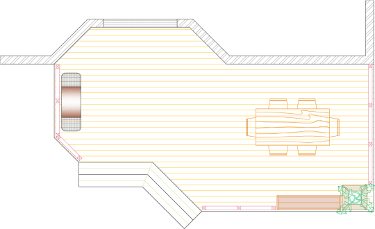 Overhead view of deck plan for a large low single level deck with a bench and a planter box.