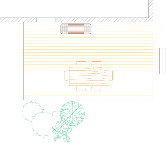 Overhead view of a deck plan for a medium size single level deck.