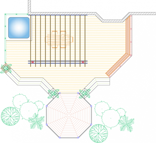 Overhead view of a deck plan for a very large deck with a gazebo and pergola with a hot tub and a wrap-around bench.