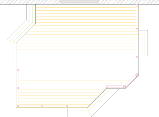 Overhead view of a deck plan for a medium size single level deck.