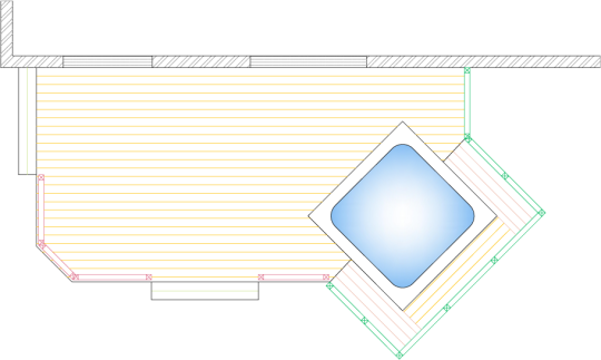 Overhead layout of a deck plan for a medium size single level deck built around a spa.