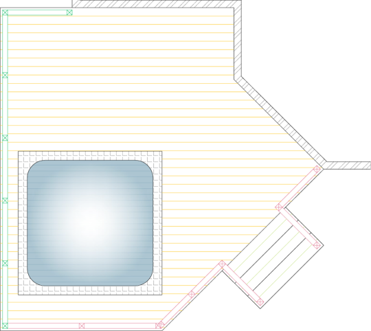 Overhead layout of deck plan for a single level deck with privacy screen built around a spa.