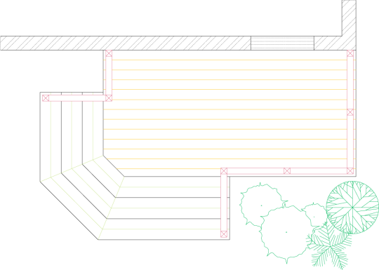 Overhead deck layout view of deck plan for a small single level deck with wrap around stairs.