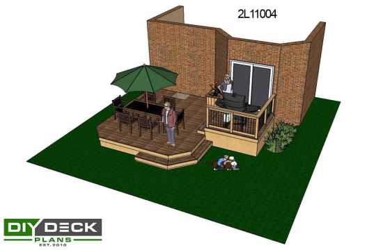 3D render of a medium sie 2 level deck with an integrated planter box.