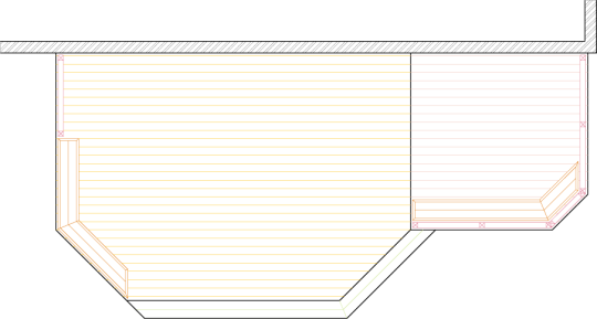 Deck plan drawing of a large 2 level deck with built-in benches.