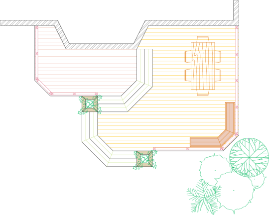 Overhead view of a large 2-level deck with a bench and planter boxes.