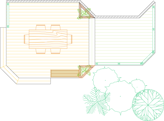 Overhead view of deck plan for a 2-level deck with a privacy screen and plantars and a bench.