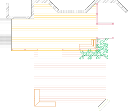 Overhead view of a deck plan for a large 2-level deck with planters and benches.