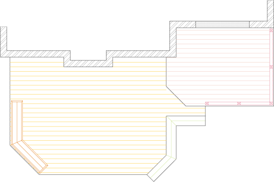 Overhead view of a deck plan for a medium size 2-level deck with a bench.