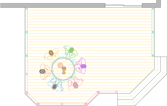 Overhead view of deck plan for a large single level deck with a bench and privacy screens.