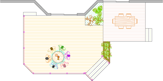 Overhead view of deck plan for a very large 2-level deck with planter boxes.