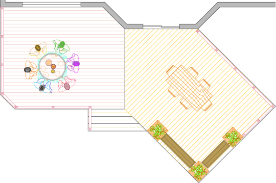 Overhead view of deck plan for a large 2-level deck with benches and planter boxes.