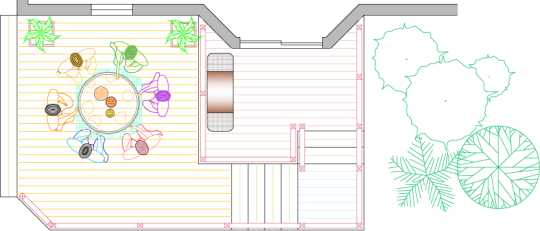 Overhead view of deck plan for a medium size high 2-level deck.