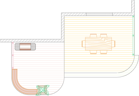 Overhead view of a deck plan for a large deck with a bench a planter and acurved front edge.